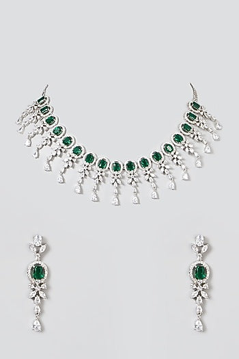 White Finish Necklace Set With Green Zircons