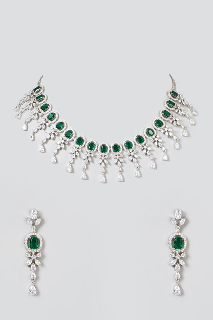 White Finish Necklace Set With Green Zircons