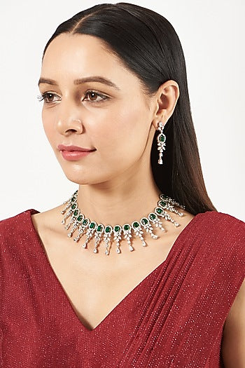 White Finish Necklace Set With Green Zircons