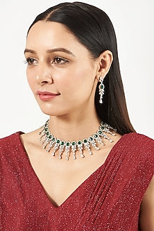 White Finish Necklace Set With Green Zircons