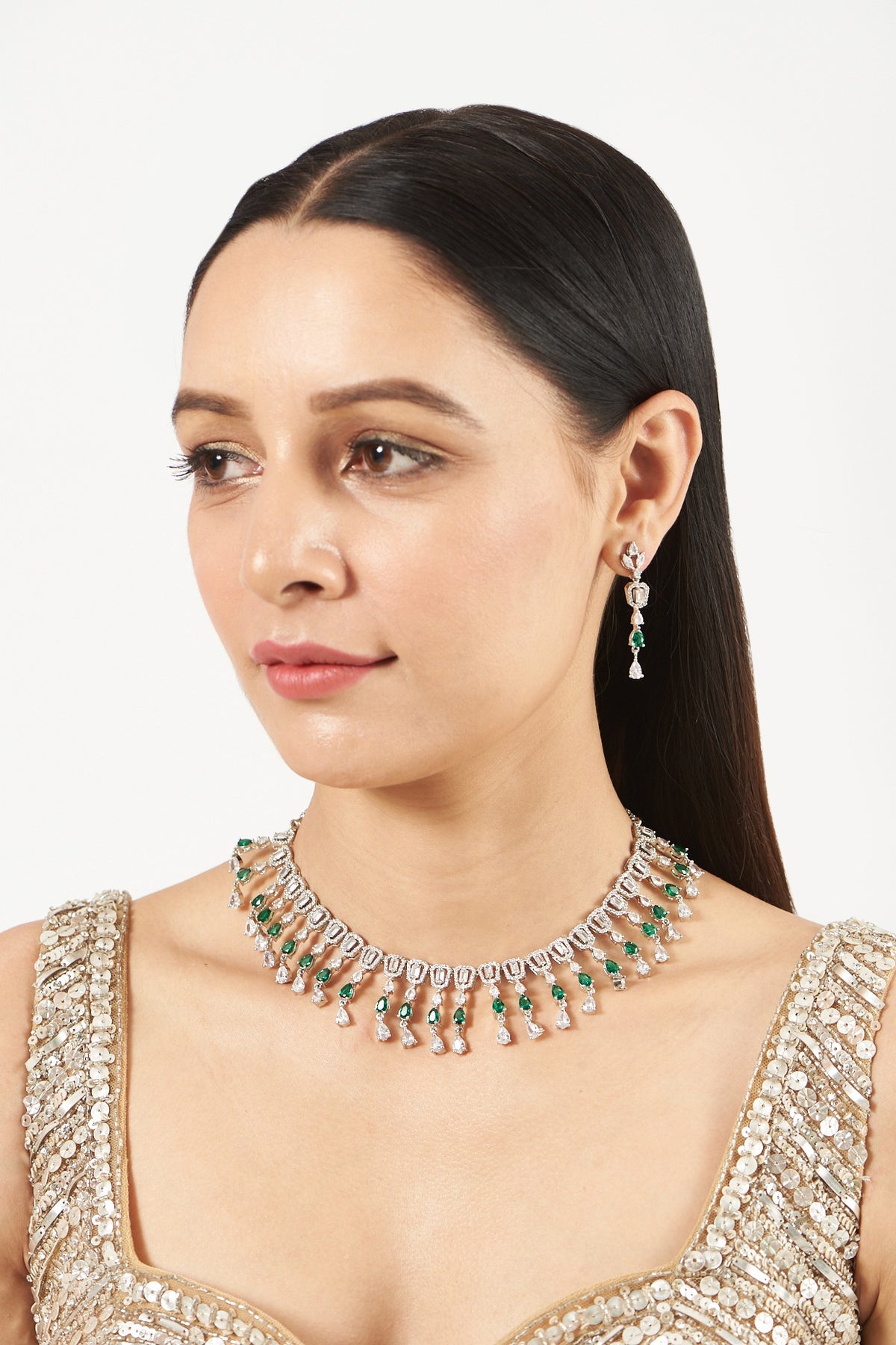 White Finish Green Zircon Necklace Set