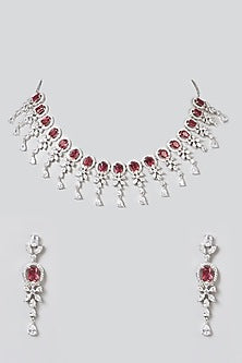 White Finish Necklace Set With Red Zircons