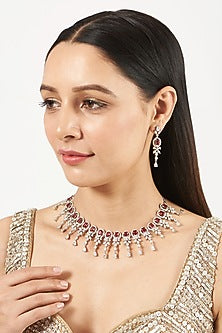 White Finish Necklace Set With Red Zircons
