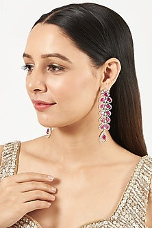 White Finish Zircon & Red Stone Dangler Earrings