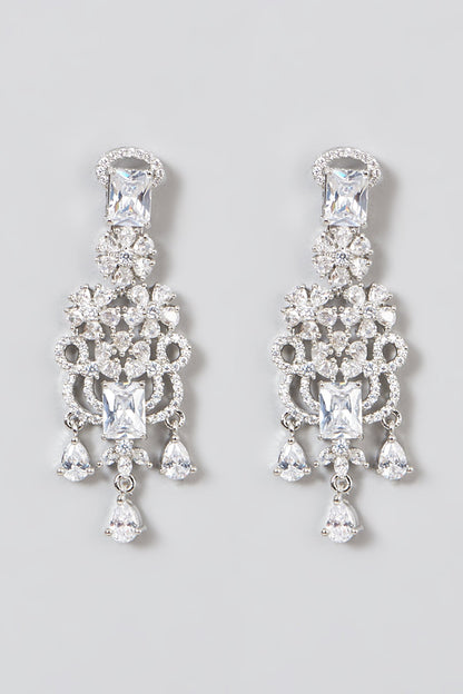 White Finish Faux Diamond Dangler Earrings
