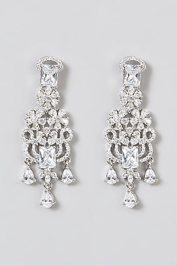 White Finish Faux Diamond Dangler Earrings