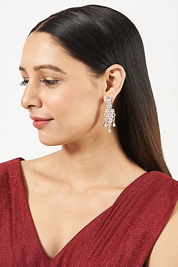 White Finish Faux Diamond Dangler Earrings