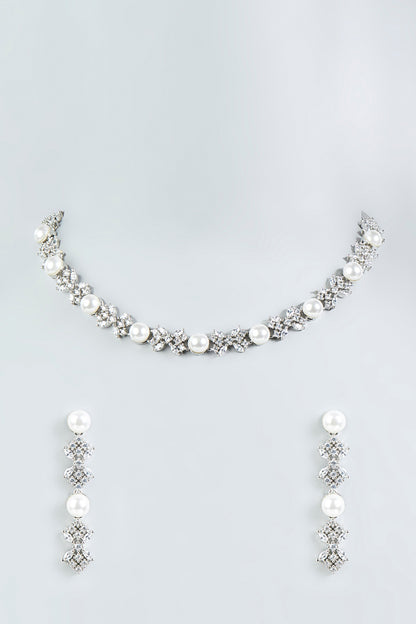 White Finish Zircon & Pearls Necklace Set
