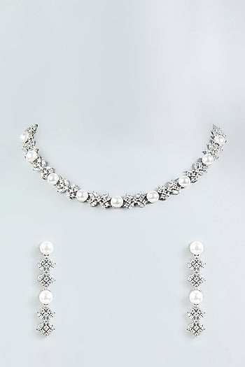 White Finish Zircon & Pearls Necklace Set