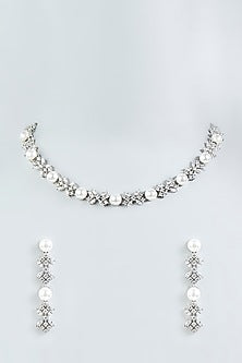 White Finish Zircon & Pearls Necklace Set