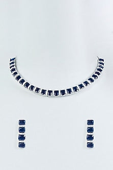 White Finish Faux Diamonds & Blue Stone Necklace Set