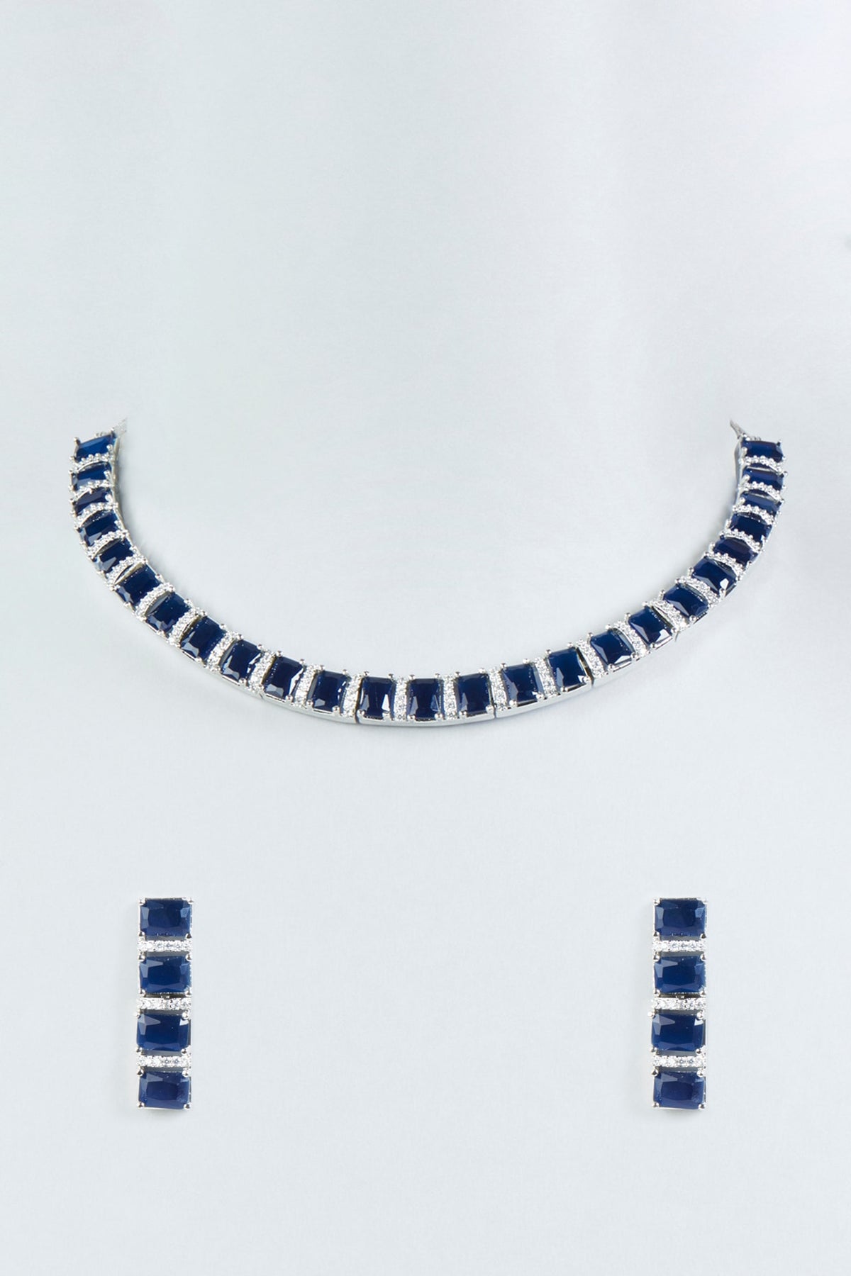 White Finish Faux Diamonds & Blue Stone Necklace Set
