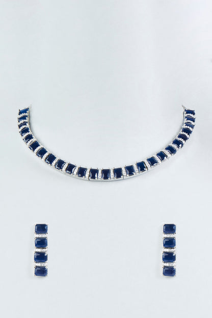 White Finish Faux Diamonds & Blue Stone Necklace Set