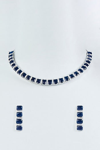 White Finish Faux Diamonds & Blue Stone Necklace Set