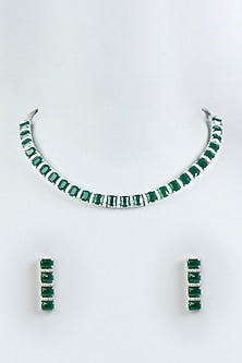 White Finish Faux Diamonds & Green Stone Necklace Set