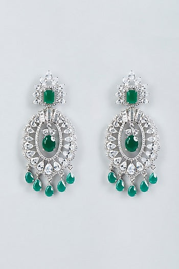 White Finish Green Stone & Faux Diamond Earrings