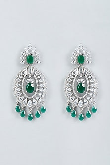 White Finish Green Stone & Faux Diamond Earrings
