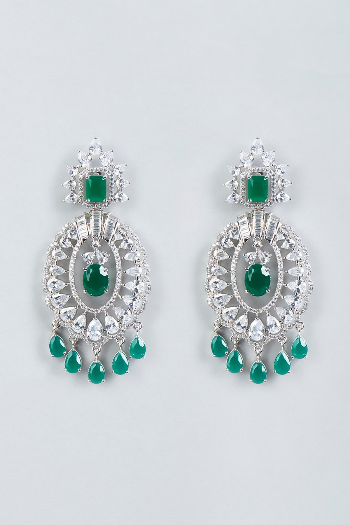 White Finish Green Stone & Faux Diamond Earrings