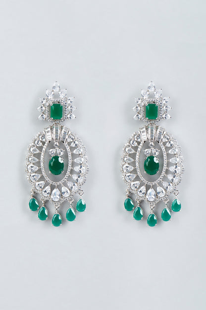 White Finish Green Stone & Faux Diamond Earrings