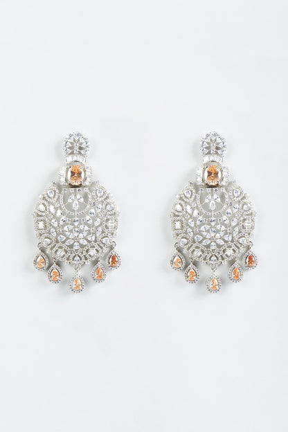 White Finish Champagne Stone & Faux Diamond Earrings