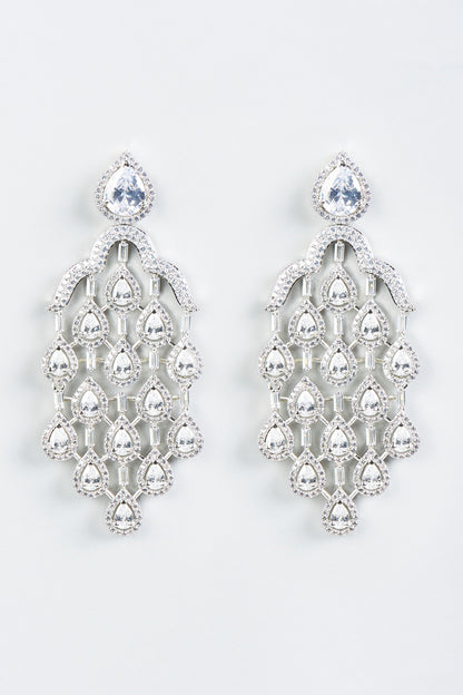 White Finish Dangler Earrings With Faux Diamonds