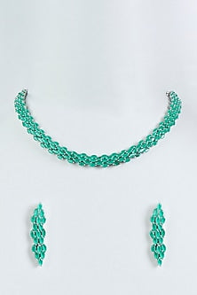 White Finish Faux Diamonds & Green Stone Necklace Set
