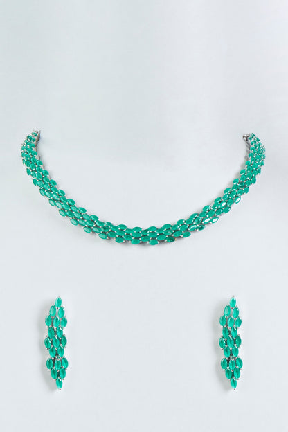 White Finish Faux Diamonds & Green Stone Necklace Set