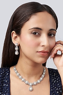 White Finish Zircon & Pearl Studded Necklace Set