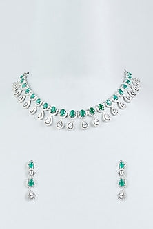 White Finish Faux Diamonds & Green Stone Necklace Set