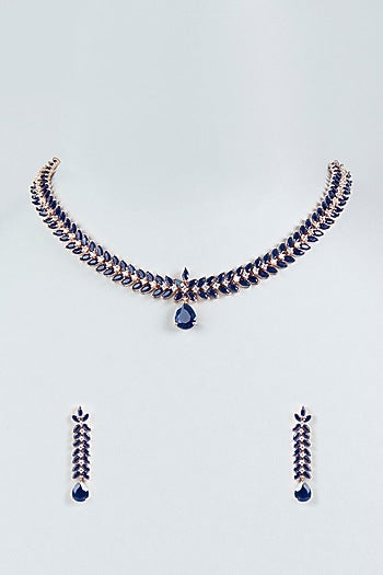 Rose Gold Finish Faux Diamonds & Blue Stone Necklace Set