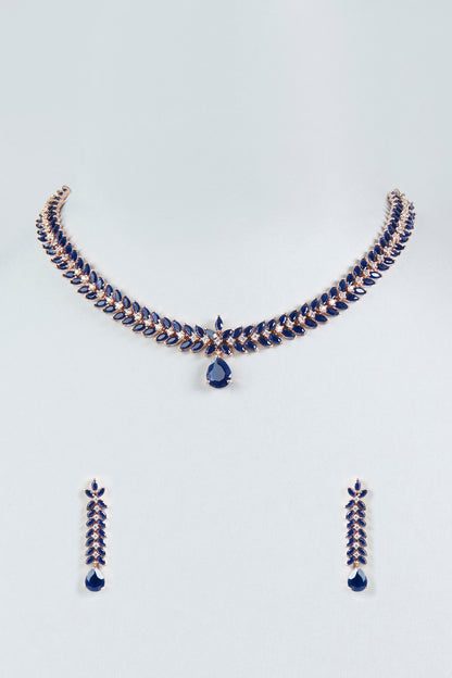 Rose Gold Finish Faux Diamonds & Blue Stone Necklace Set