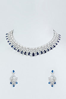 White Finish Faux Diamonds & Blue Stone Necklace Set