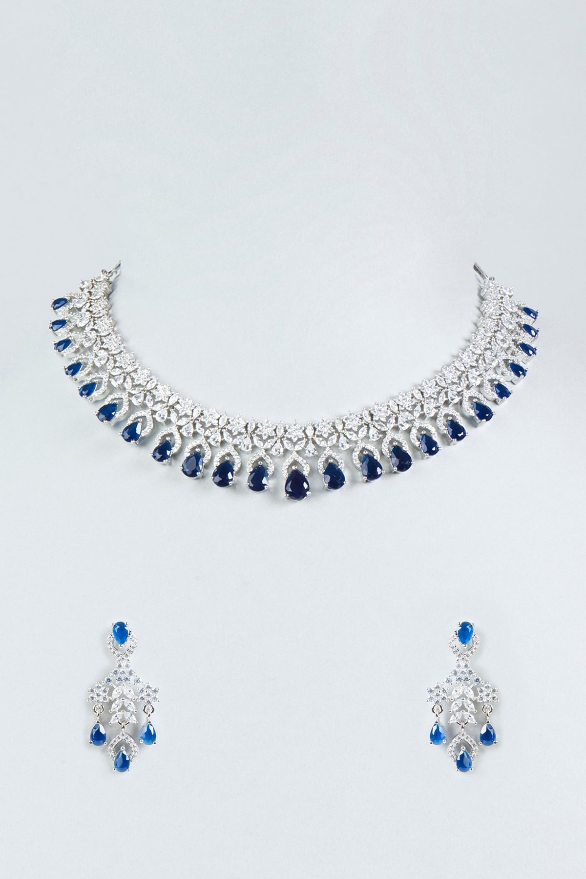 White Finish Faux Diamonds & Blue Stone Necklace Set
