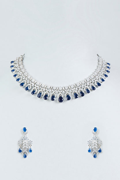 White Finish Faux Diamonds & Blue Stone Necklace Set