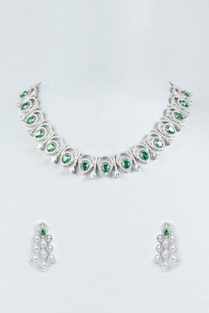 White Finish Faux Diamonds & Green Stone Necklace Set