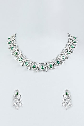 White Finish Faux Diamonds & Green Stone Necklace Set