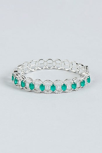 White Finish Diamond & Green Stone Bracelet