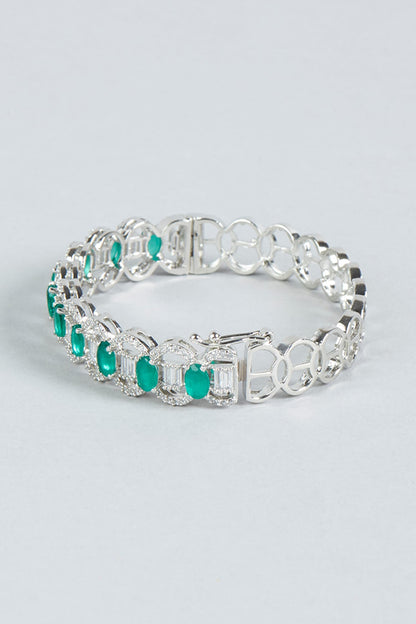 White Finish Diamond & Green Stone Bracelet