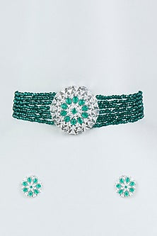 White Finish Faux Diamond & Green Stone Choker Necklace Set
