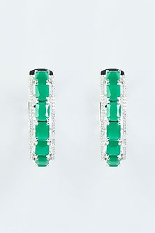 White Finish Green Diamond Hoop Earrings