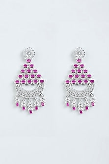 White Finish Faux Diamonds Dangler Earrings With Red Synthetic Stones
