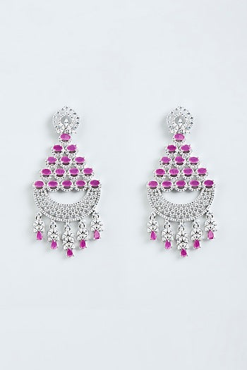 White Finish Faux Diamonds Dangler Earrings With Red Synthetic Stones