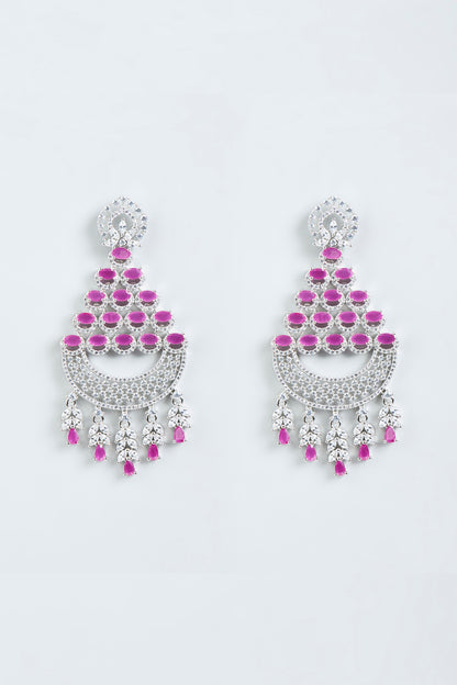 White Finish Faux Diamonds Dangler Earrings With Red Synthetic Stones