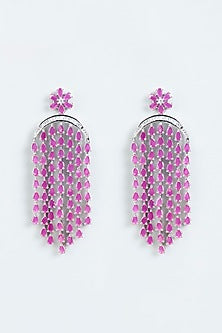 White Finish Faux Diamonds Dangler Earrings With Red Synthetic Stones