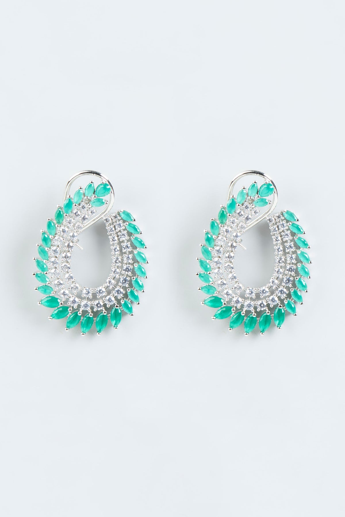 White Finish Green Stone & Zircon Hoop Earrings