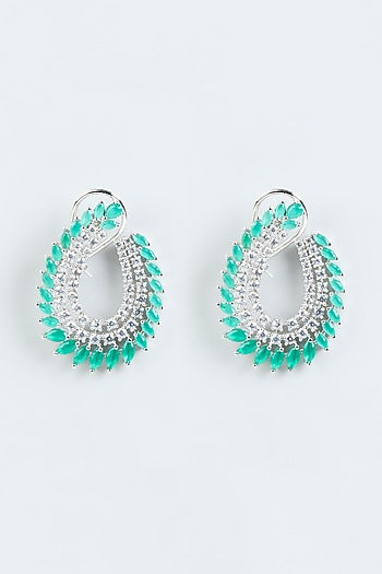 White Finish Green Stone & Zircon Hoop Earrings