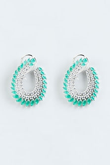 White Finish Green Stone & Zircon Hoop Earrings