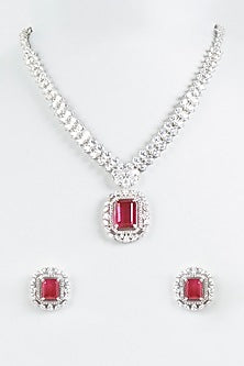 White Finish Necklace Set With Red Stones