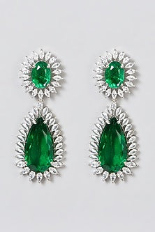 White Finish Green Synthetic Stone & Zircon Dangler Earrings