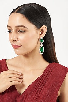 White Finish Green Synthetic Stone & Zircon Dangler Earrings